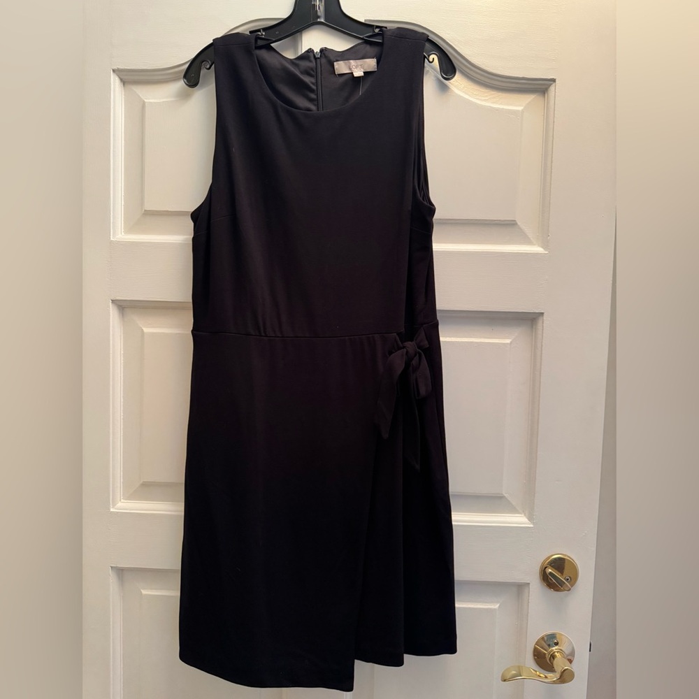 LOFT NWT Ladies size 14 sleeveless black defined waist/faux wrap dress with tie.